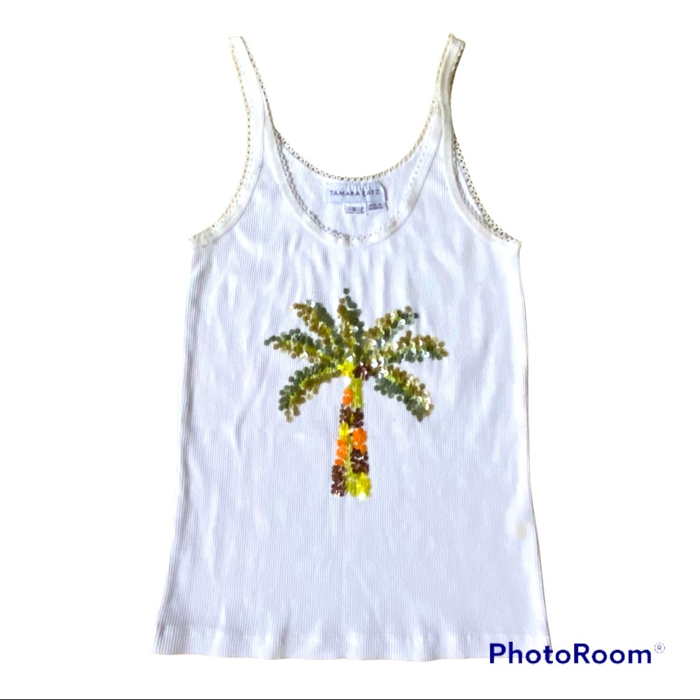 Tamara Catz Vintage 90s White Tank Top With Sequin Palm Tree Size - Small